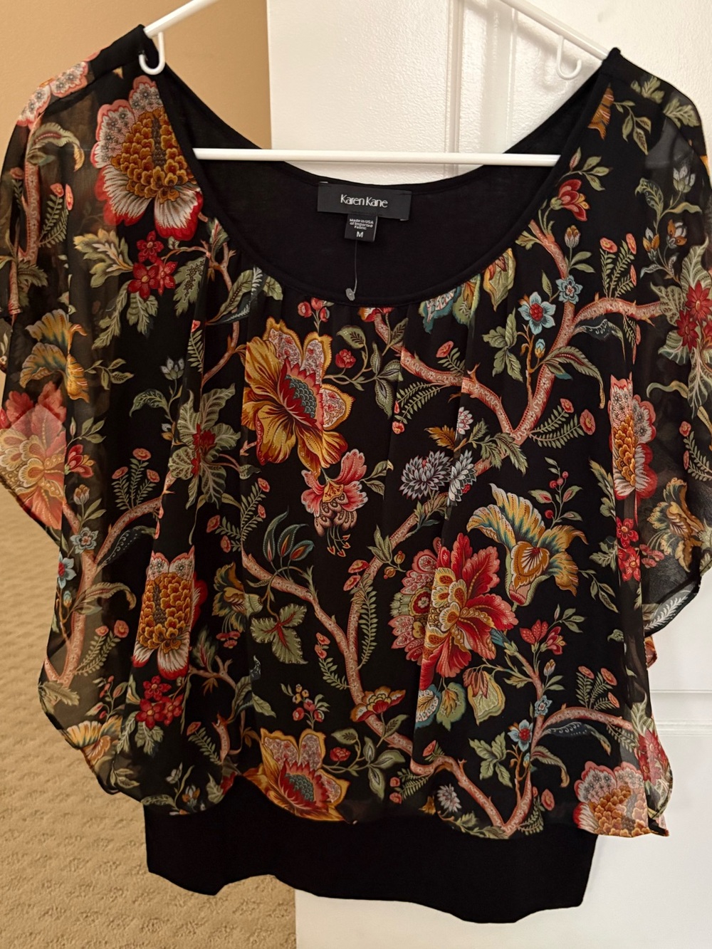 Karen Kane Blouson Top with sheer overlay Style 1L10137 Medium NWOT